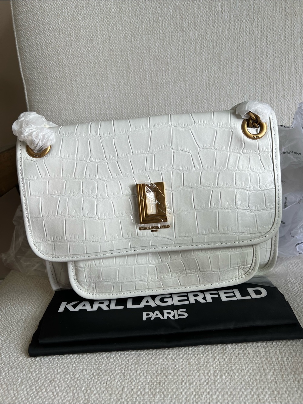 Karl Lagerfeld White Croc-Embossed 100% Leather Lyon Shoulder Bag